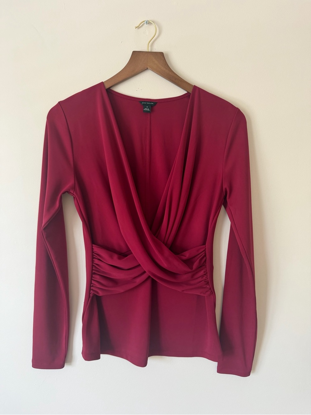 Ann Taylor Wine Red Draped Twist Long-Sleeve Top Medium NWOT